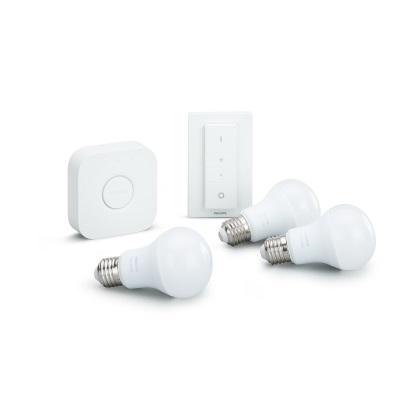 PHILIPS Hue White 3 set 9.5W A60 E27 (3 eksipnous lampthres Ε27+ Philips Hue Bridge + diakopths Dimmer)